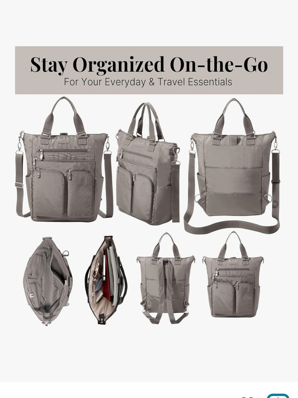 NWT Baggallini All Set 3 in 1 convertible crossbody tote backpack in silver gray - Picture 6 of 13